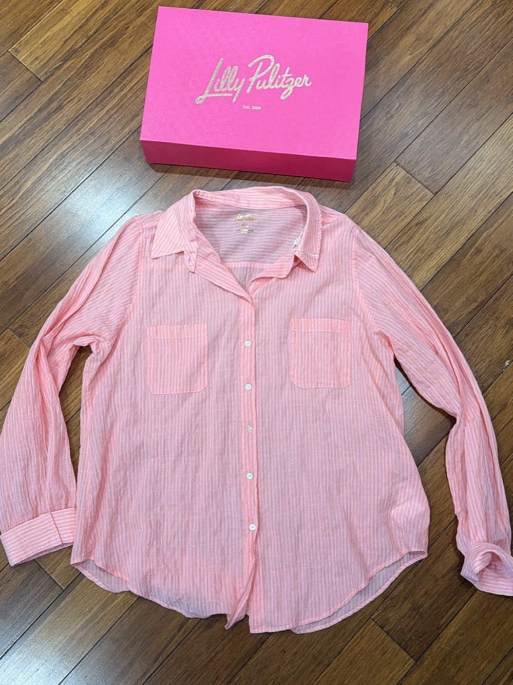 NWOT Lilly Pulitzer Salmon Pink Stripe Button-Up Shirt XL